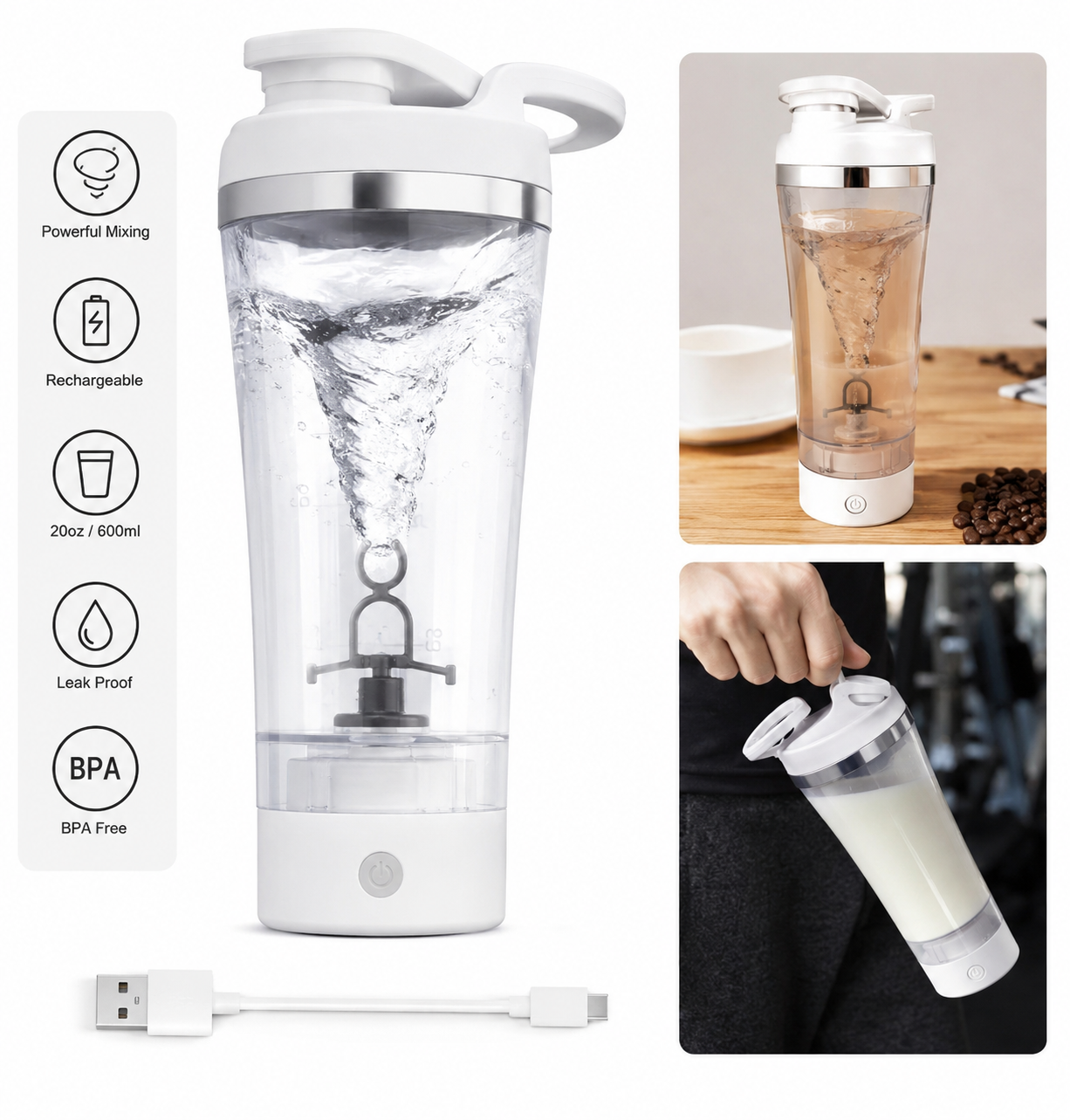 Electric Shaker Bottle for Protein, Rechargeable Drink Mixer Cup for Coffee Milk Mixing, White