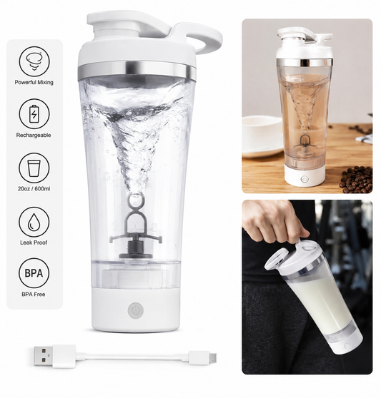 Electric Shaker Bottle for Protein, Rechargeable Drink Mixer Cup for Coffee Milk Mixing, White